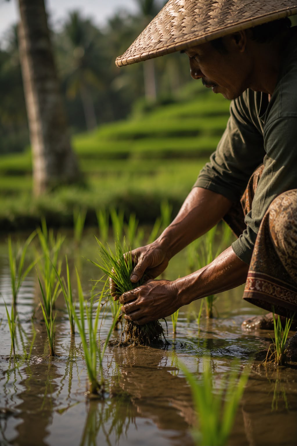 Las manos de un agricultor balinés sembrando arroz